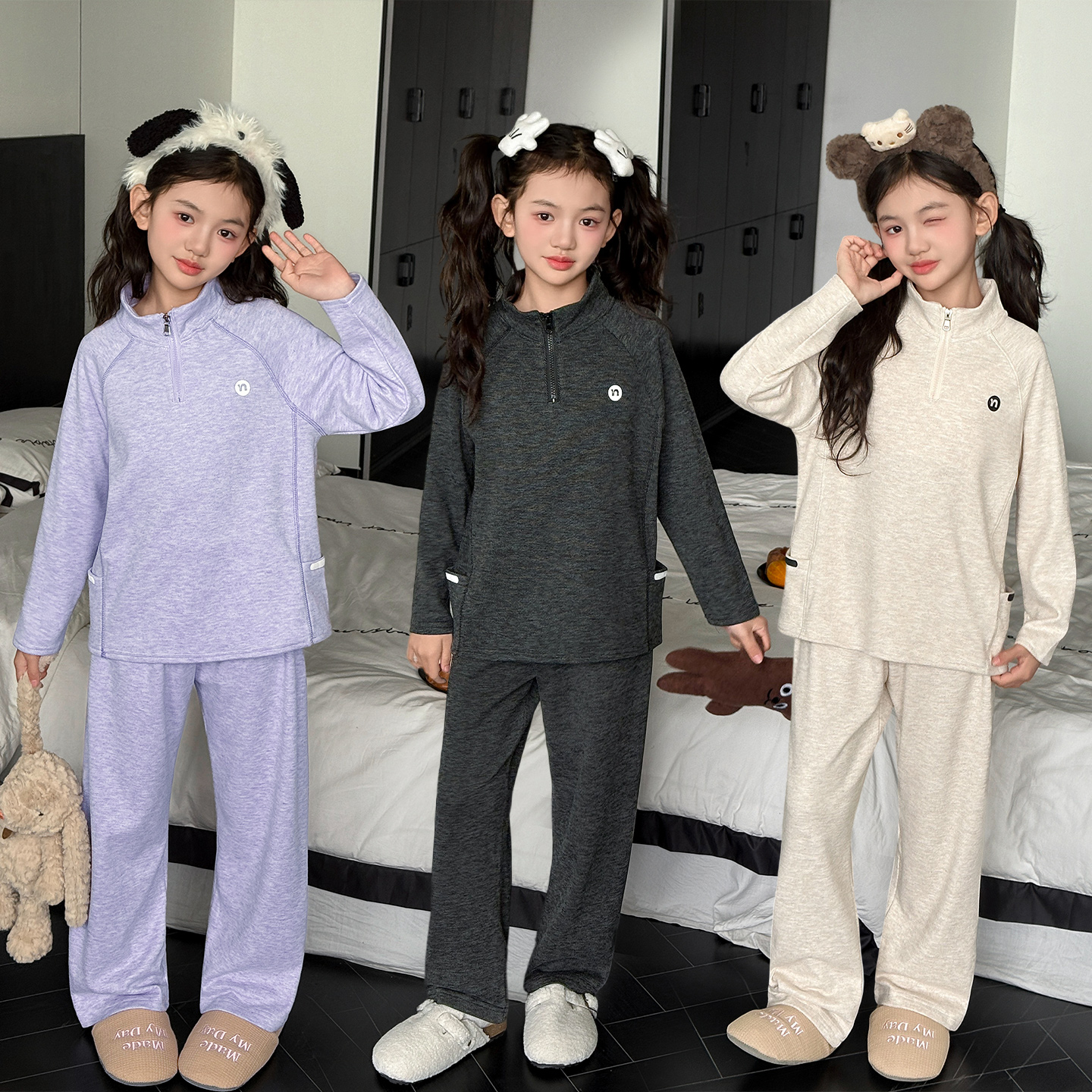 女童秋冬季珊瑚绒睡衣家居服套装