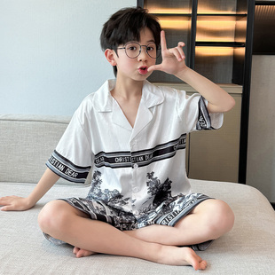 儿童睡衣男童夏季薄款2026新款短袖冰丝夏天中大童男孩空调家居服