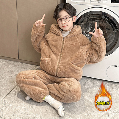 男童睡衣冬季加绒加厚家居服套装