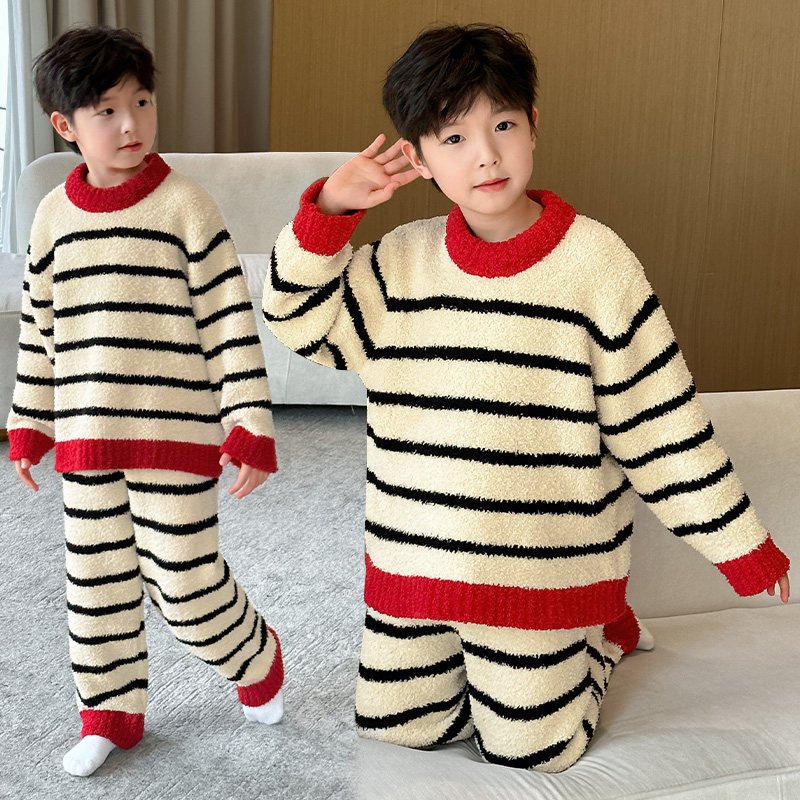 2026马年睡衣青少年男童红色本命年家居服中大童秋冬款珊瑚绒套装