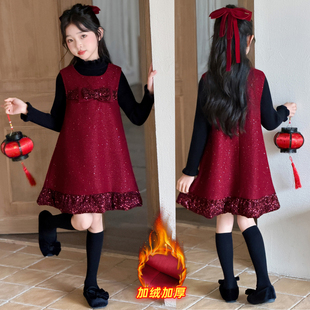 女童红色连衣裙加绒秋冬套装时尚女孩拜年服裙子加厚小香风公主裙