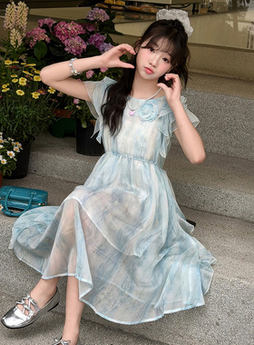 女童甜美泡泡袖连衣裙2026款夏季蓝色中长裙洋气度假风公主连衣裙