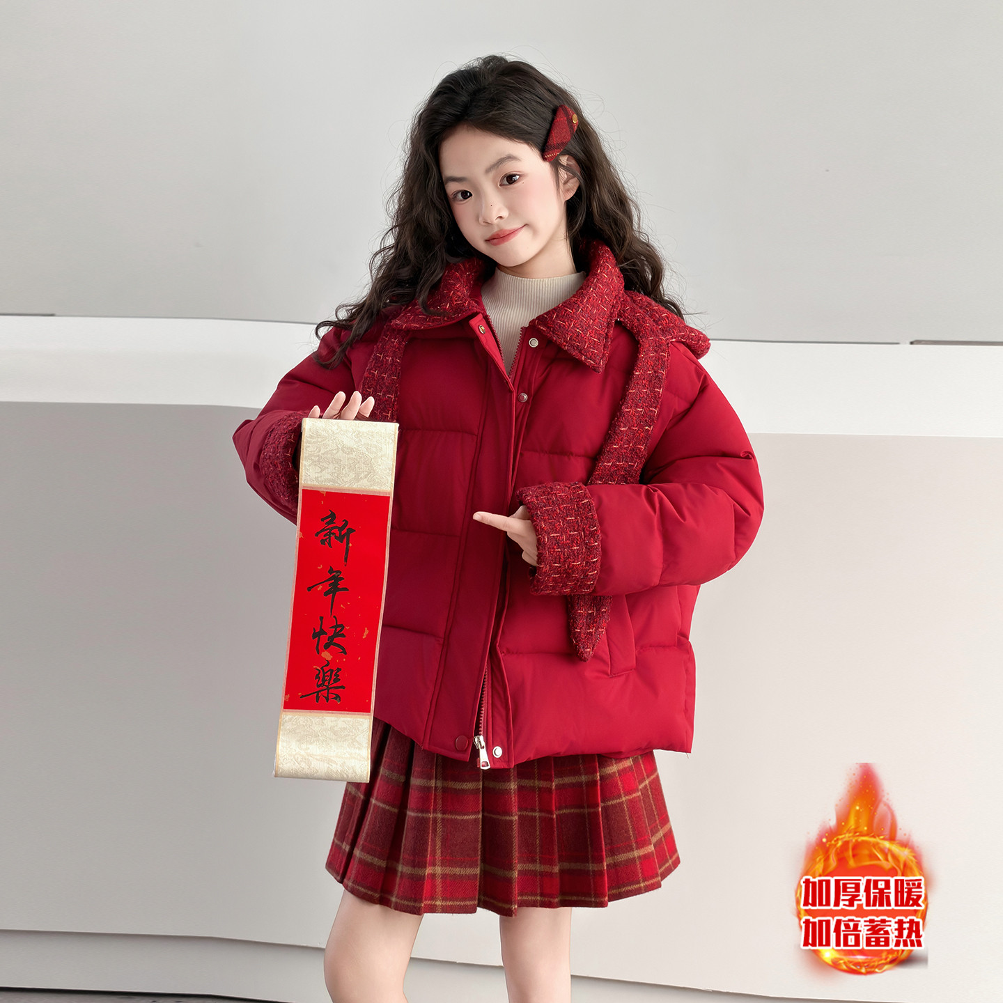 女童翻领连帽棉服2025冬季新款红色年服外套中大童加厚小香风棉衣