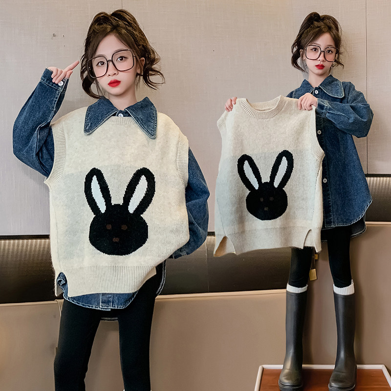女童韩版春秋款新款时尚牛仔衬衫针织马甲两件套洋气时髦上衣套装