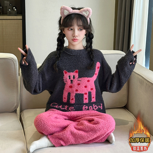 女童半边绒睡衣秋冬时髦洋气女孩冬季家居服猫咪中大童珊瑚绒套装