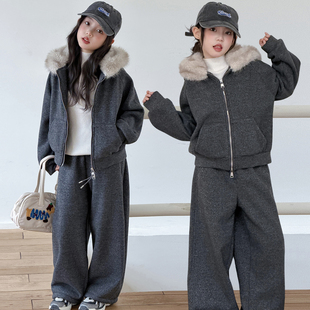 女童韩系毛领连帽加绒套装冬季超好看时尚洋气中大童休闲两件套