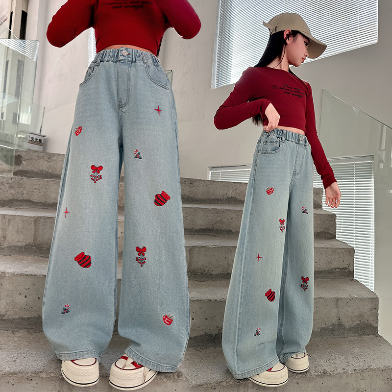 女童绣花牛仔裤春秋季2026新款中大儿童洋气百搭直筒裤窄版阔腿裤