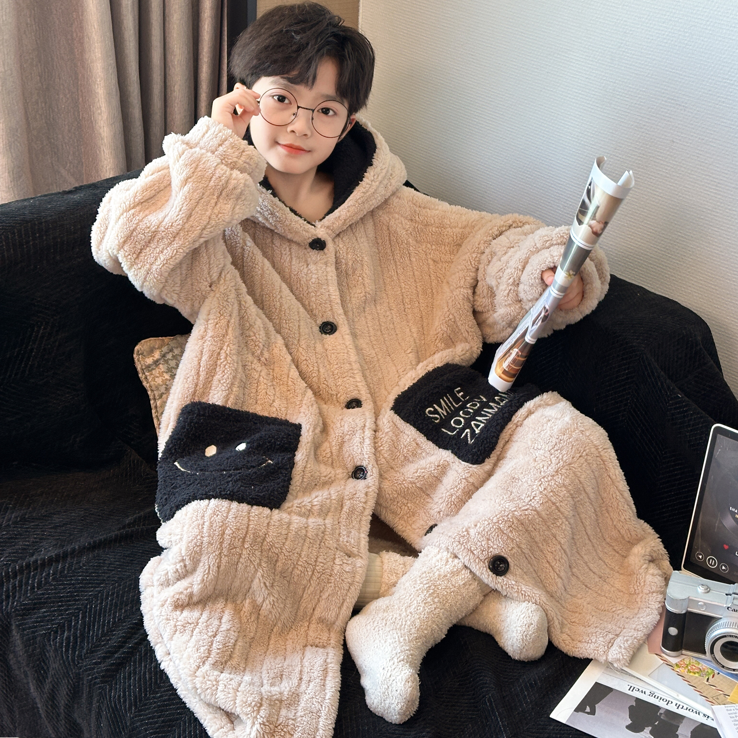 男童法兰绒睡袍秋冬加厚休闲睡衣