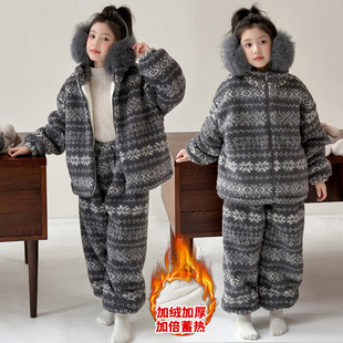 女童法兰绒睡衣秋冬加厚加绒2025新款女孩费尔岛家居服洋气可外穿