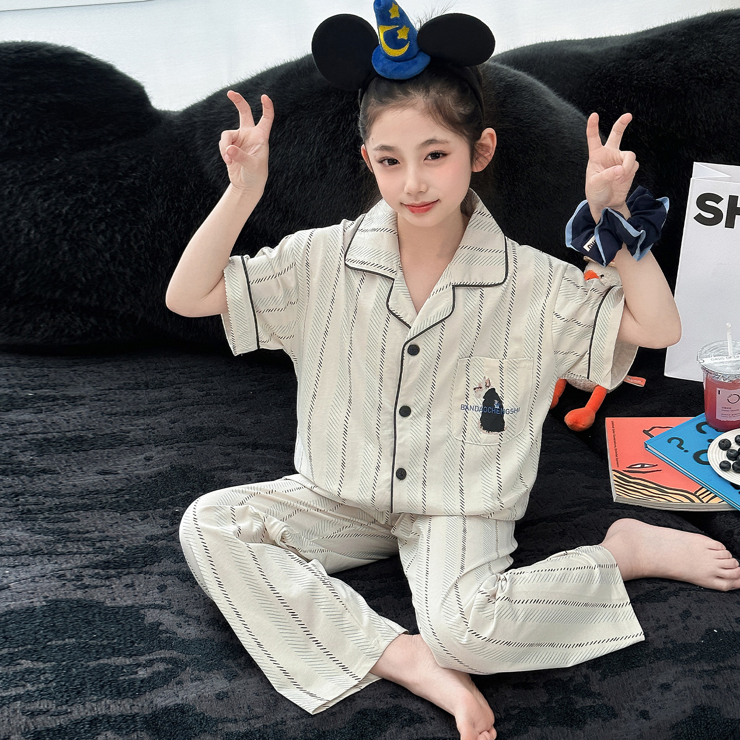 卡通纯棉女童睡衣2026款夏季薄款条纹翻领短袖长裤卡通家居服套装