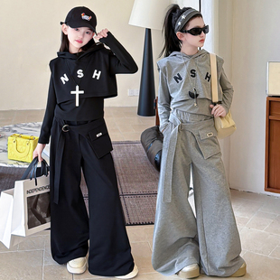 女童套装春装2026中大童辣妹美式潮酷连帽马甲休闲阔腿裤街舞套装