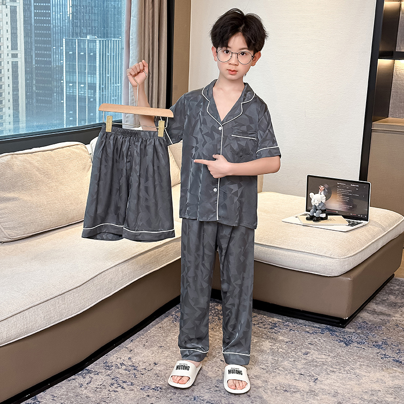 男童睡衣夏季冰丝三件套短袖儿童男孩夏天青少年中大童空调家居服