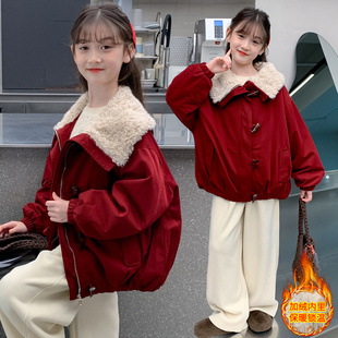 女童加绒加厚外套秋冬装2025新款加厚安克拉红羊羔绒时髦洋气外套