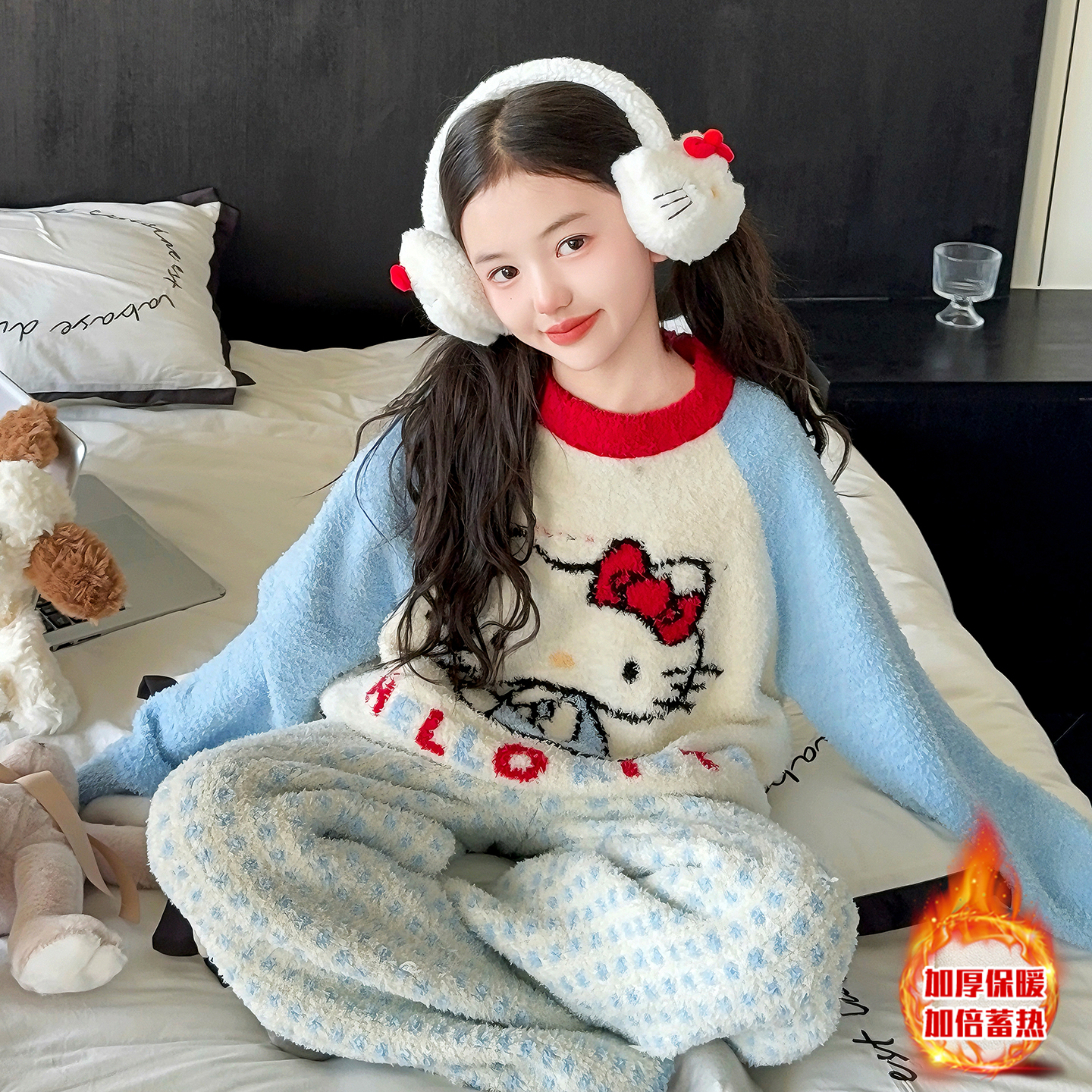 女童半边绒睡衣秋冬款时髦居家服