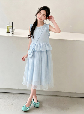 女童韩范时尚蓝色无袖连衣裙2026款夏季荷叶边中长裙度假风连衣裙