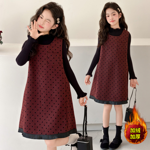 女童秋冬新款加厚波点连衣裙年服两件套中大童时髦洋气公主裙套装