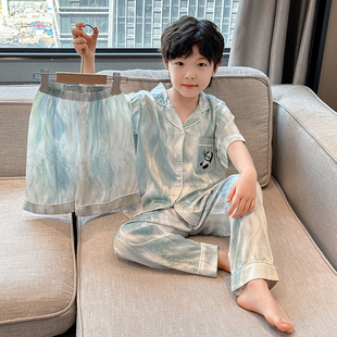 儿童睡衣男童夏季薄款冰丝短袖三件套2026新款大童男孩空调家居服