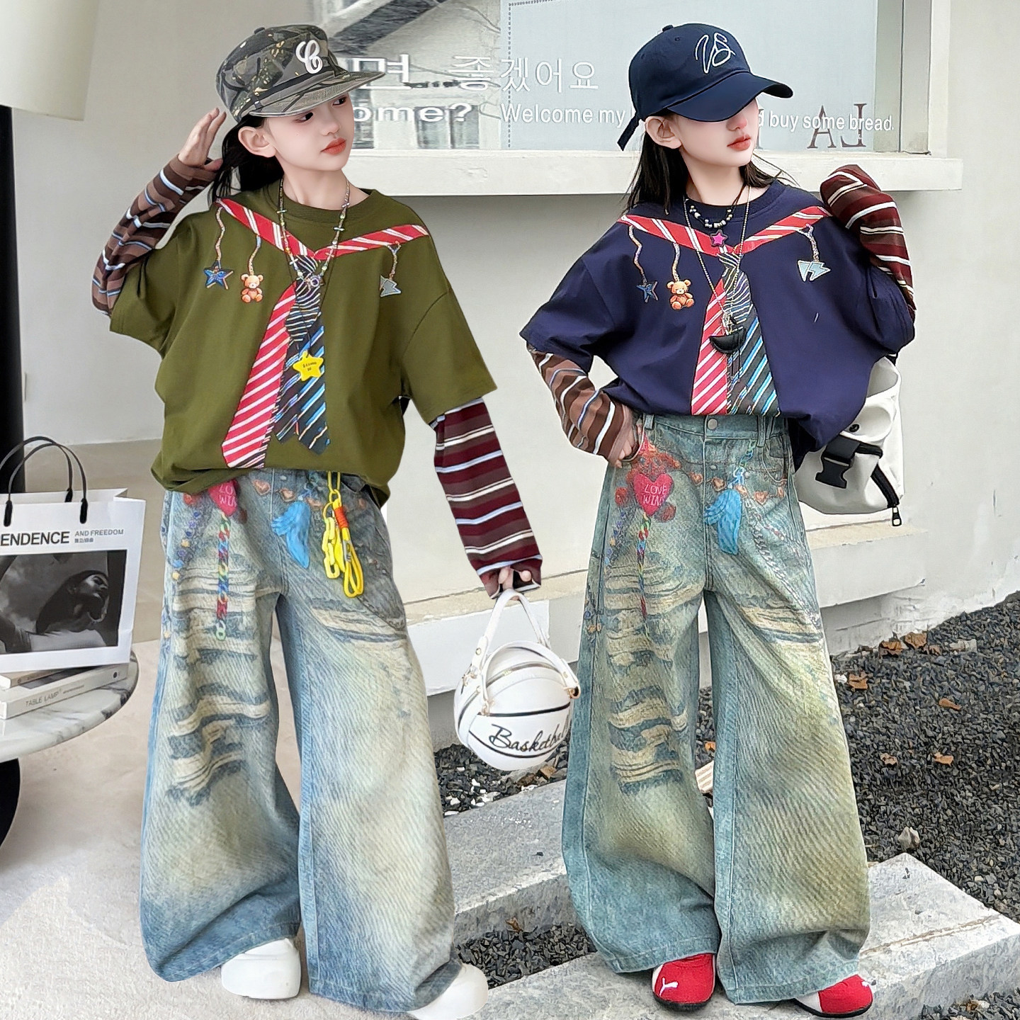 女童春秋装女孩美式假两件上衣牛仔裤套装2026新款长袖tT恤阔腿裤