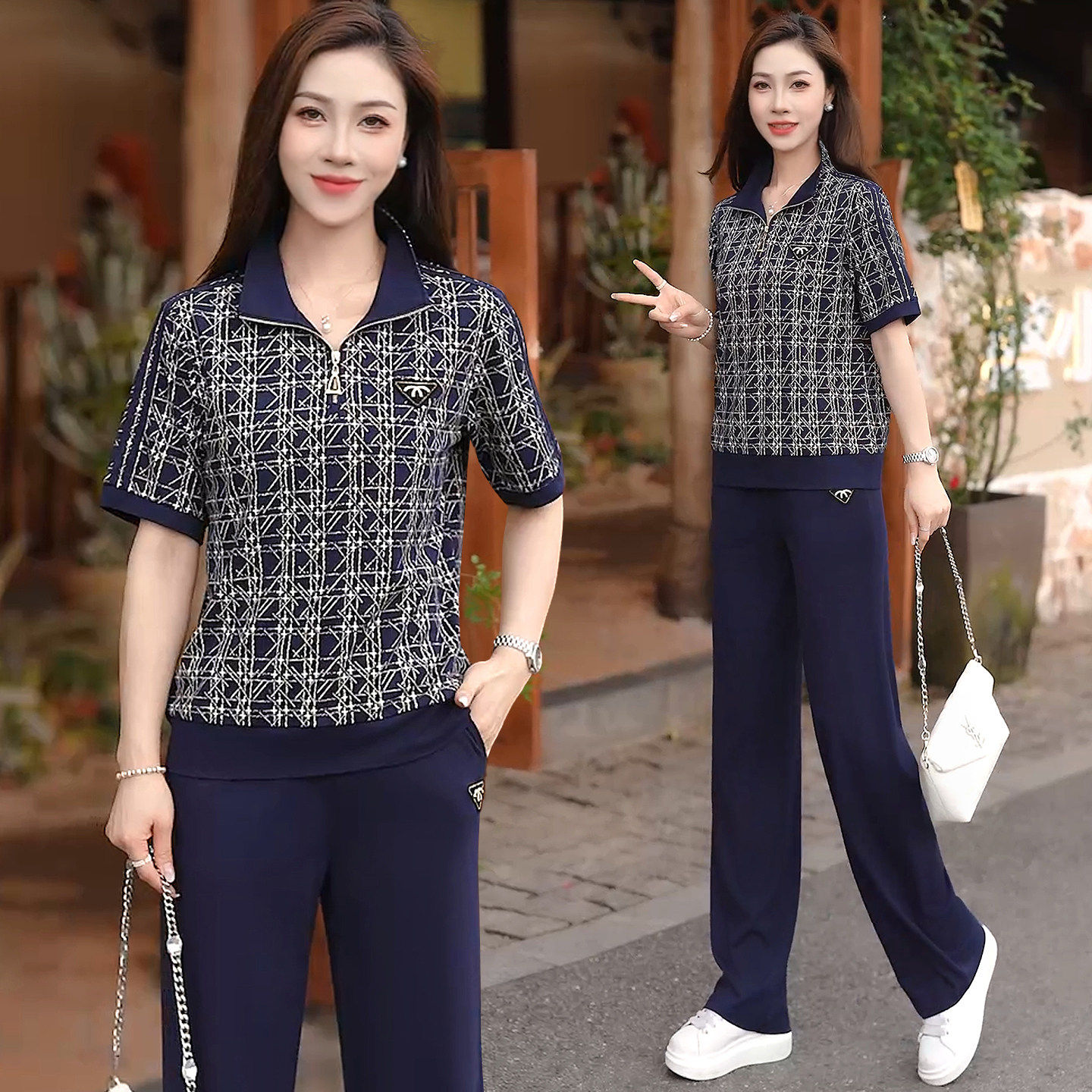 时尚印花短袖长裤休闲运动套装女夏季薄款两件套2026新款中年妈妈