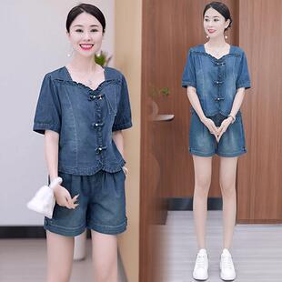 新款 两件套潮 新中式 女夏季 洋气盘扣短袖 阔腿短裤 时尚 牛仔套装 薄款