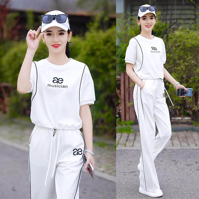 运动服套装女2026夏季新款洋气抽绳收腰短袖圆领卫衣阔腿裤两件套