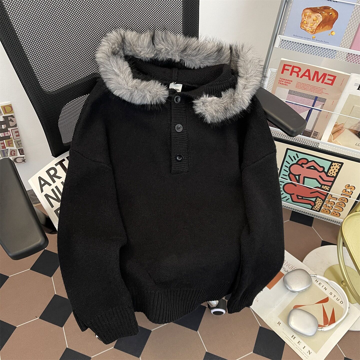 重磅冬季连帽针织外套男女老钱风慵懒毛毛领保暖毛衣my443p68,男装针织衫/毛衣,星座204-3