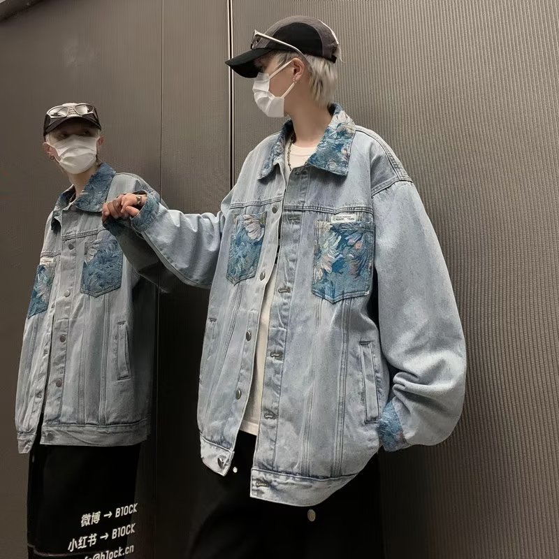 美式拼接水洗牛仔外套男秋季印花工装夹克高街外套jk8828p55，男装工装外套，星座204-3