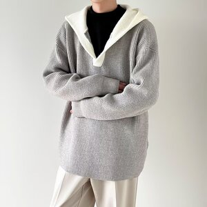 假两件毛衣男女秋冬宽松慵懒风针织衫软糯复古连帽上衣my5701 p60图片