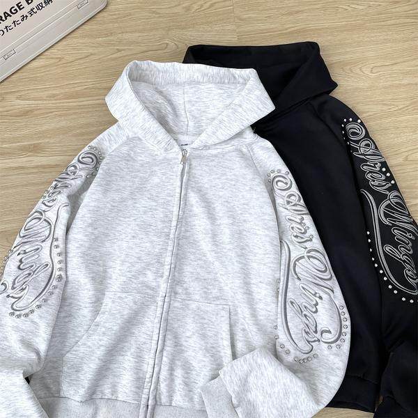 美式复古钉珠刺绣连帽卫衣男春季潮牌宽松休闲外套w10p45，女装短外套，星座204-3