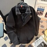 百搭时尚日系简约原宿格子领假两件慵懒文艺夹克jk1314p65，男装夹克，星座204-3