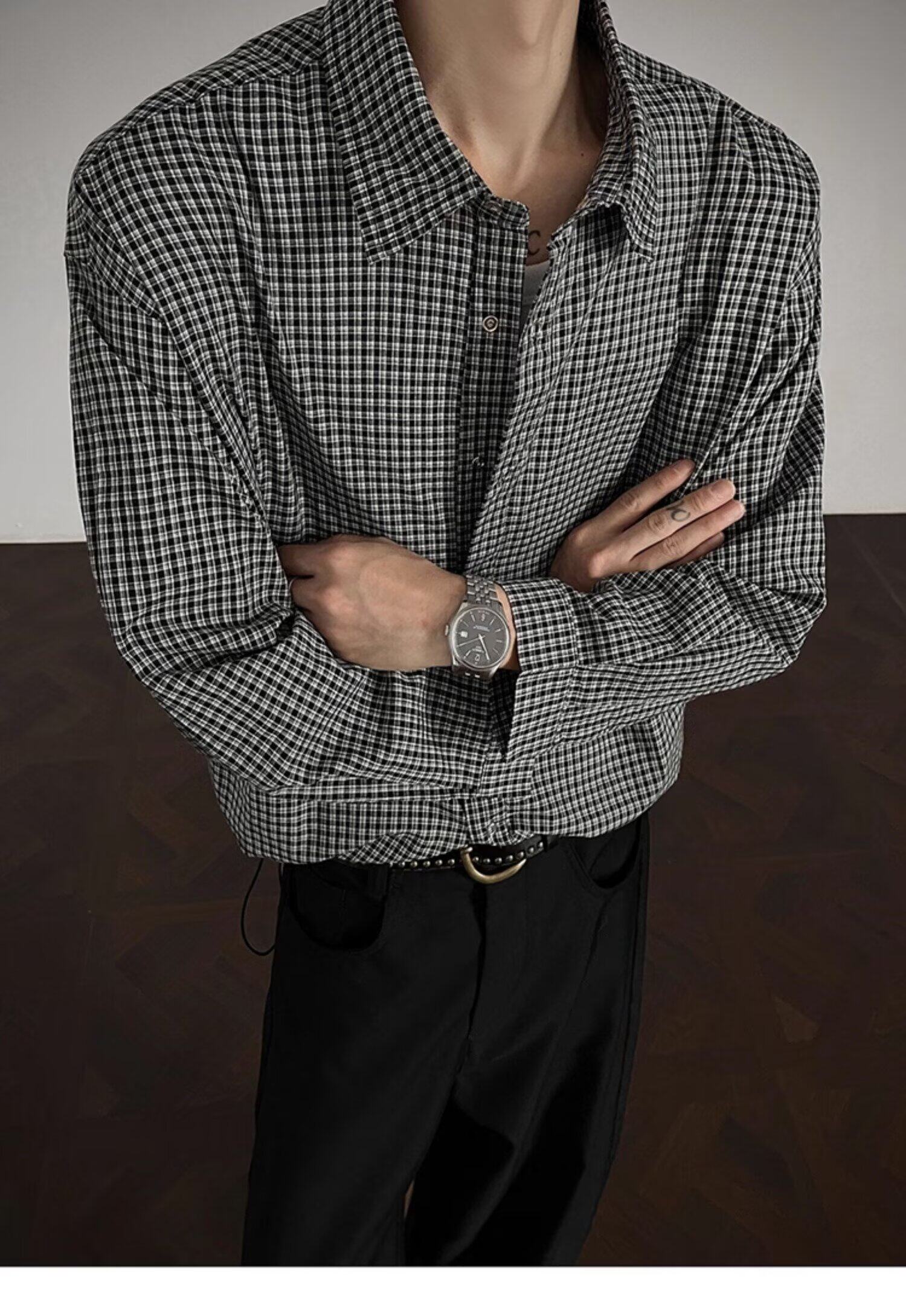 网图春季日系复古格子长袖衬衫男潮牌宽松休闲衬衣外套cs70p35，男装衬衫，星座204-3