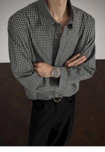 网图春季日系复古格子长袖衬衫男潮牌宽松休闲衬衣外套cs70 p35，男装衬衫，星座204-3