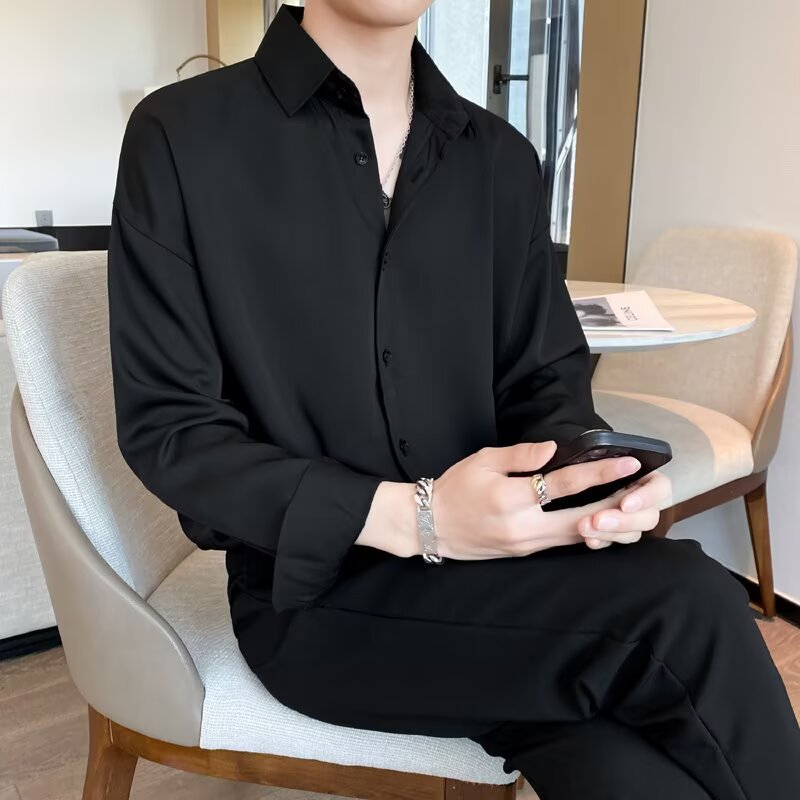垂感长袖冰丝衬衫男秋季宽松情侣薄款翻领衬衣外套cs006p28，男装衬衫，星座204-3