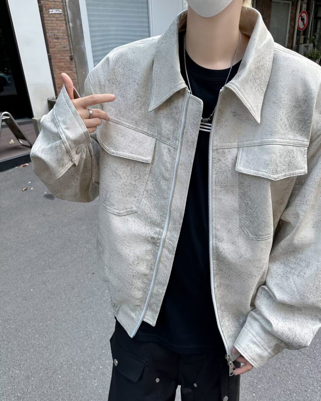 美式复古翻领工装做脏PU皮夹克男春季潮牌宽松休闲外套py9330p78，男装夹克，星座204-3