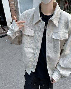 美式复古翻领工装做脏PU皮夹克男春季潮牌宽松休闲外套py9330 p78，男装夹克，星座204-3