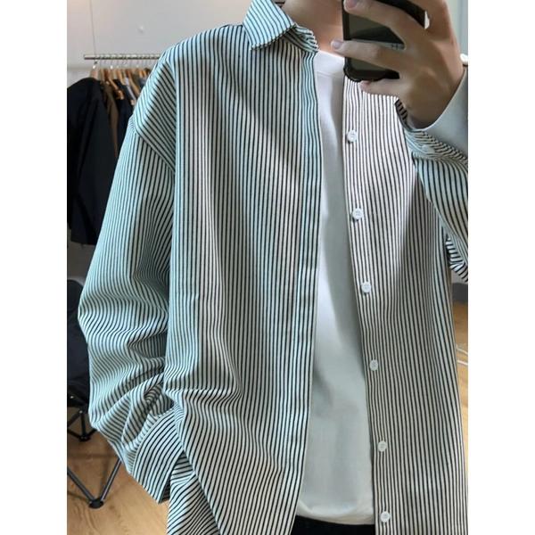网图美式复古条纹长袖衬衫男春季潮牌宽松休闲衬衣外套cs29p35,男装衬衫,星座204-3