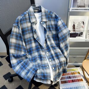 夏季复古磨毛格纹长袖衬衫男防晒休闲宽松格子衬衣潮cs28 p40图片