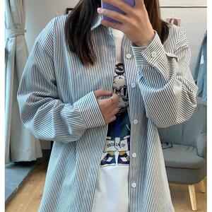 网图美式复古条纹长袖衬衫男春季潮牌宽松休闲衬衣外套cs29 p35图片