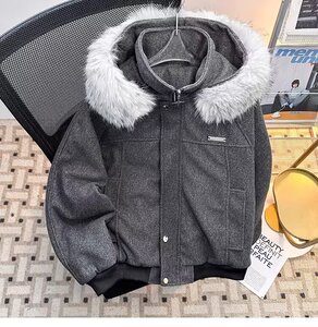 网图 冬季座山雕毛领连帽毛呢棉服男加厚保暖棉衣外套m367 p90图片