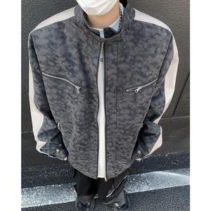 美式扎染拼接pu皮衣外套男冬季潮牌宽松休闲机车夹克pu8553 p75，男装夹克，星座204-3