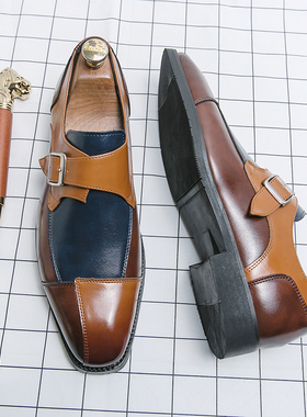 增高机能风小众ins拼接设计感皮鞋男尖头个性潮鞋商务孟克鞋英伦