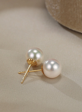 日本akoya海水珍珠18k黄金耳钉极强光正圆小灯泡耳饰高级感气质女