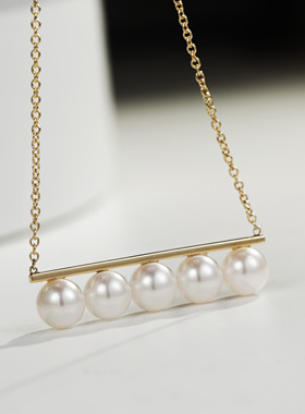 Mozz家T设计经典5珠平衡木珍珠吊坠18k金项链Akoya天然海水珍珠女