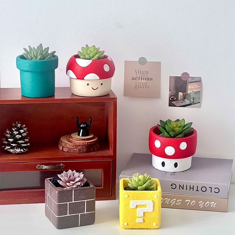 马里奥蘑菇多肉花盆水泥问号箱摆件仙人掌绿植花盆创意可爱小盆栽