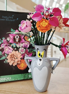 汤姆猫花瓶花瓶收纳积木粉黛玫瑰花束10328客厅插花送礼物10280