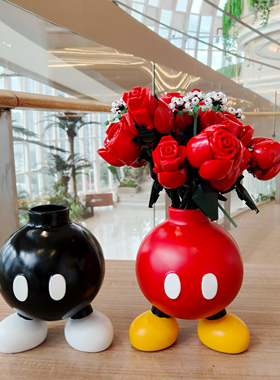 米奇圆桶花瓶配套积木玫瑰花束高级感小花瓶创意插花客厅装饰摆件