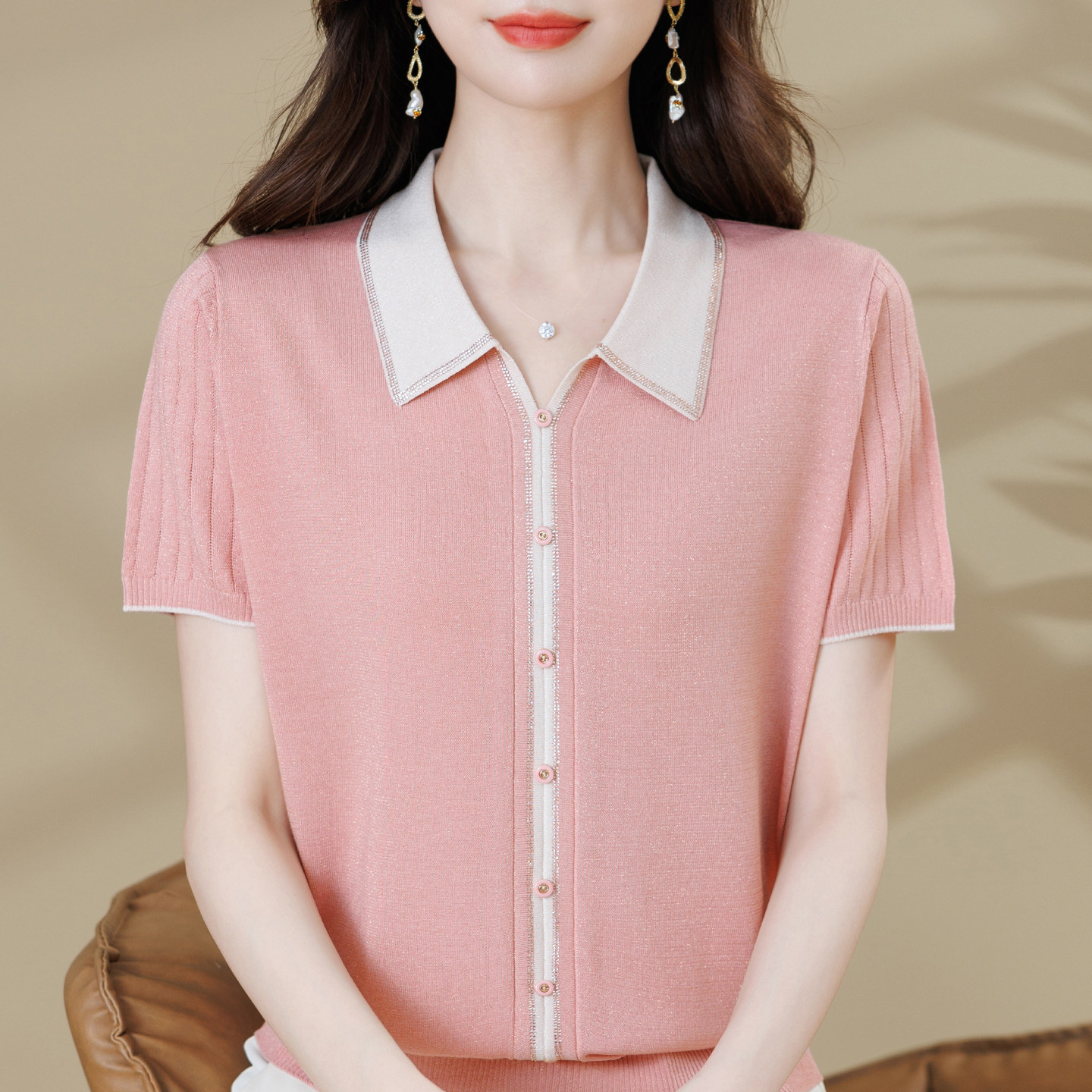 鄂尔多斯市妈妈夏装短袖t恤女2026新款中年女士翻领冰丝气质上衣