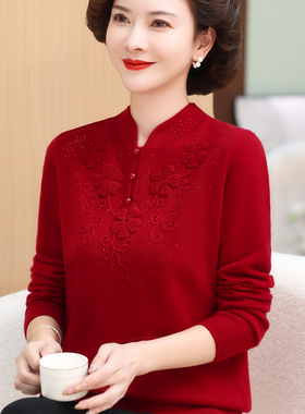 鄂尔多斯市秋冬妈妈毛衣加厚本命年红色羊绒衫中老年女式纯羊毛衫