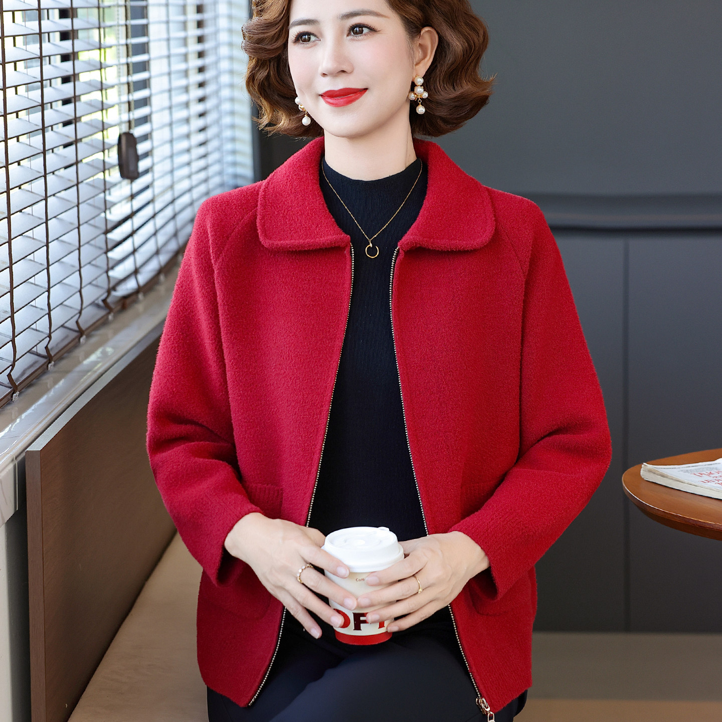妈妈款秋装针织毛呢翻领外套红色上衣中老年女装春秋婆婆结婚礼服