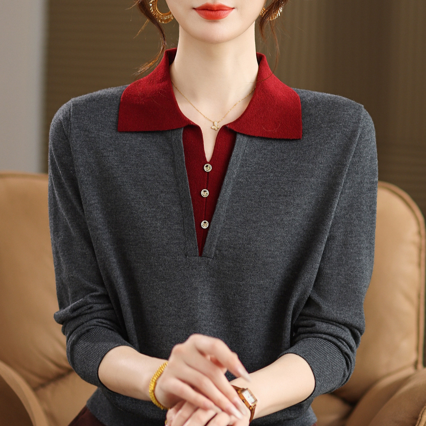 鄂尔多斯市妈妈春装2026新款针织翻领小衫打底衫中老年女羊毛T恤,女装/女士精品,毛针织衫,淘宝优惠券,粉丝福利购,淘宝优惠卷